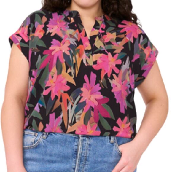 Vince Camuto Womens Sleeveless Blouse 2X Split Neckline Floral Sheer Multicolor - Picture 2 of 10